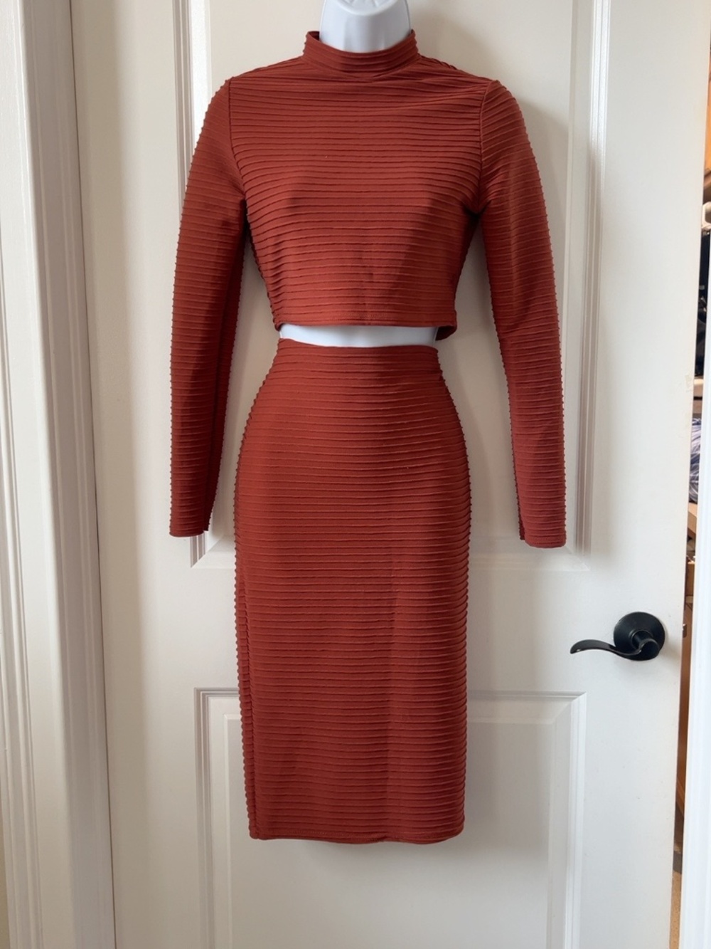 Missguided Rust Ribbed Two Piece Crop Top Midi Skirt Set US 6